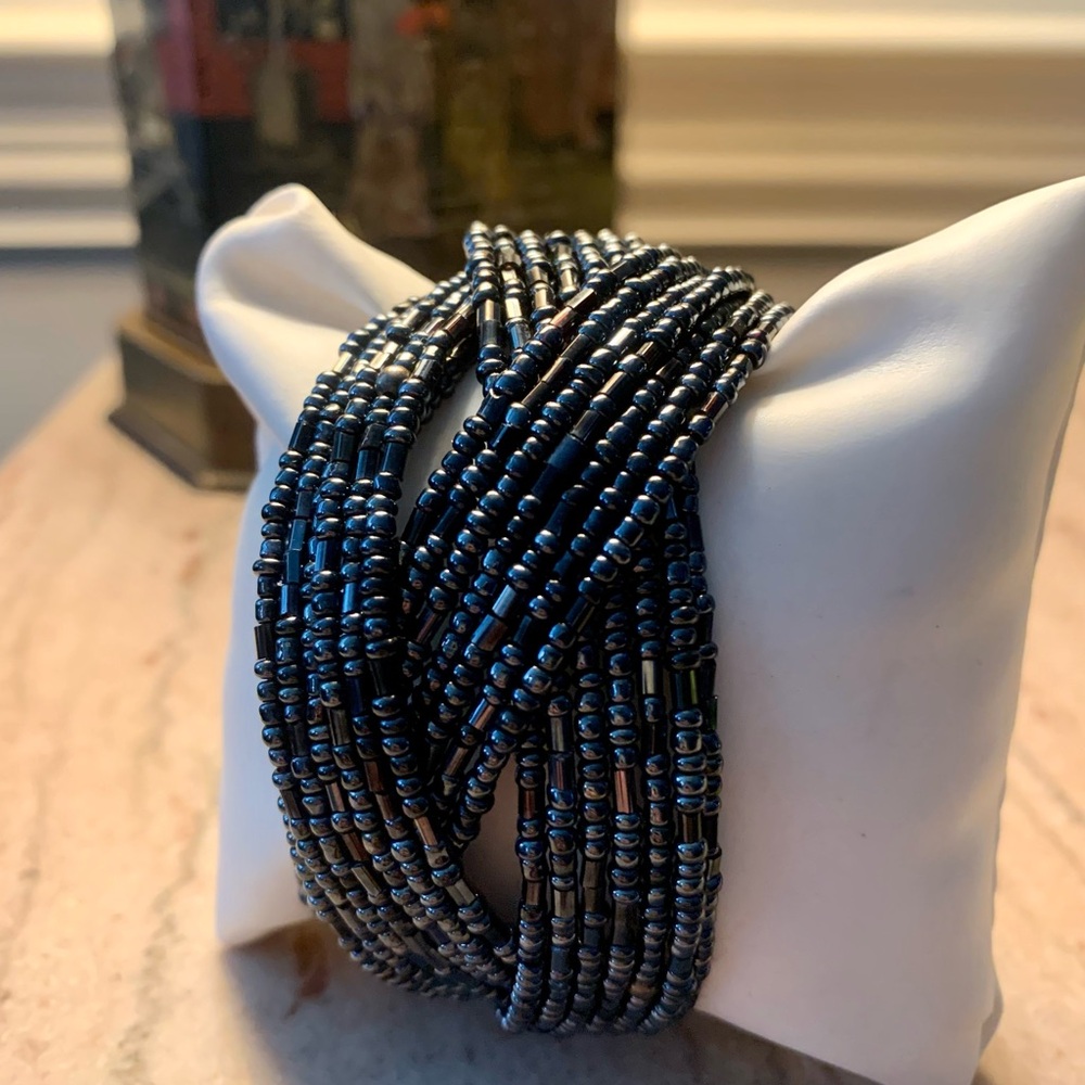 Vintage Black Seed Beaded Pretzel Cuff Bracelet